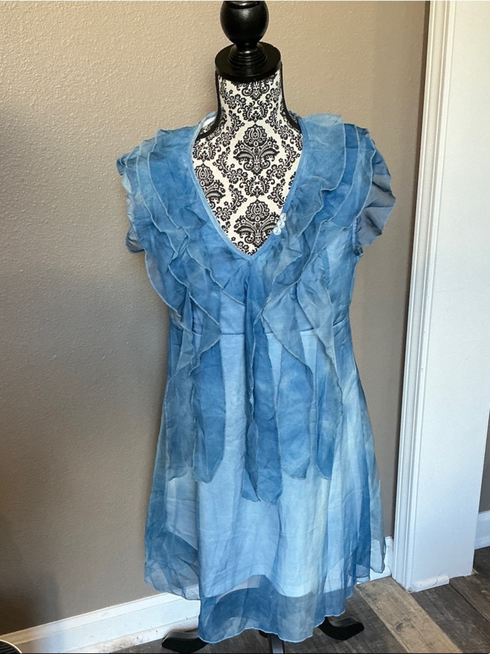 Blue Ruffle V-Neck Women's Dress Size S